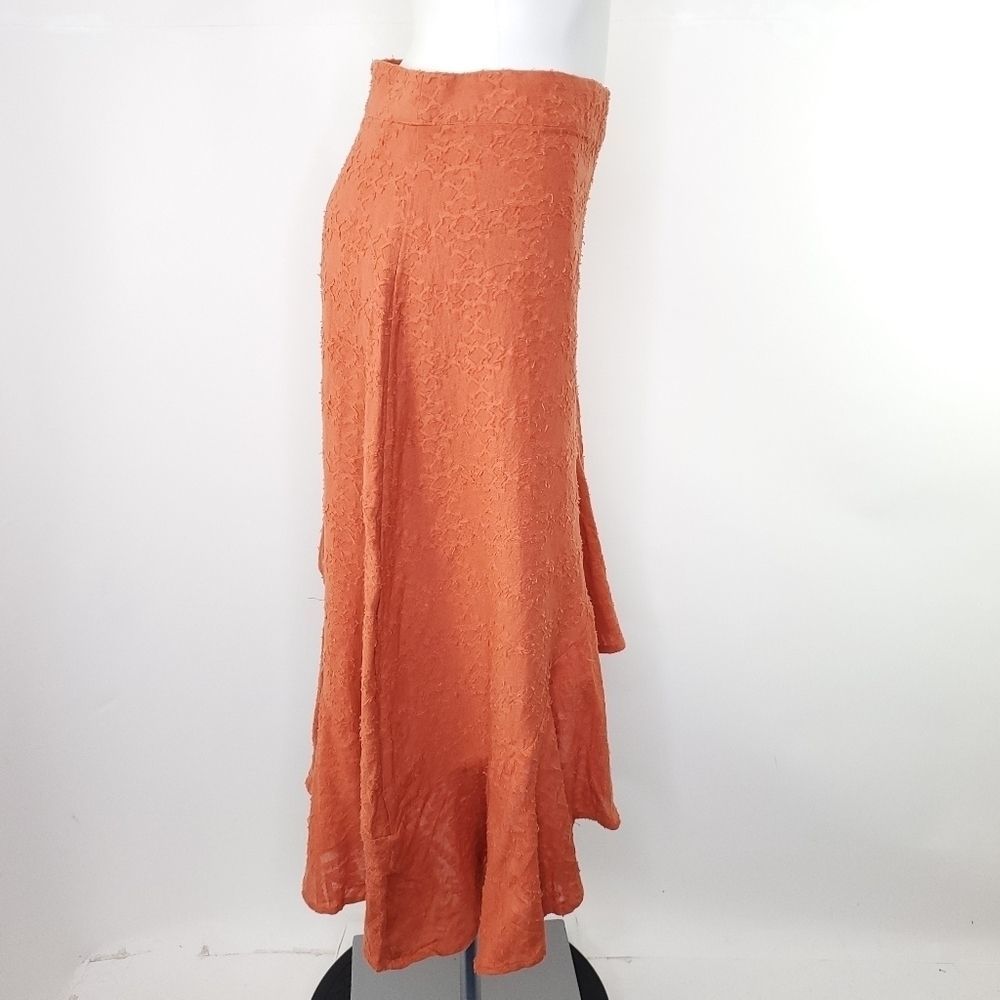 Free People Serena Asymmetrical Ruffle Midi Skirt 100% Cotton Orange sz 8 NEW - Picture 6 of 10